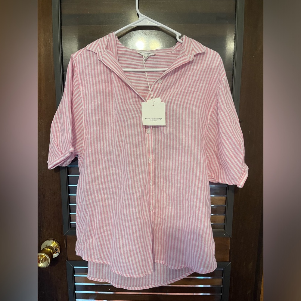 beachlunchlounge Pink and White Striped Shirt